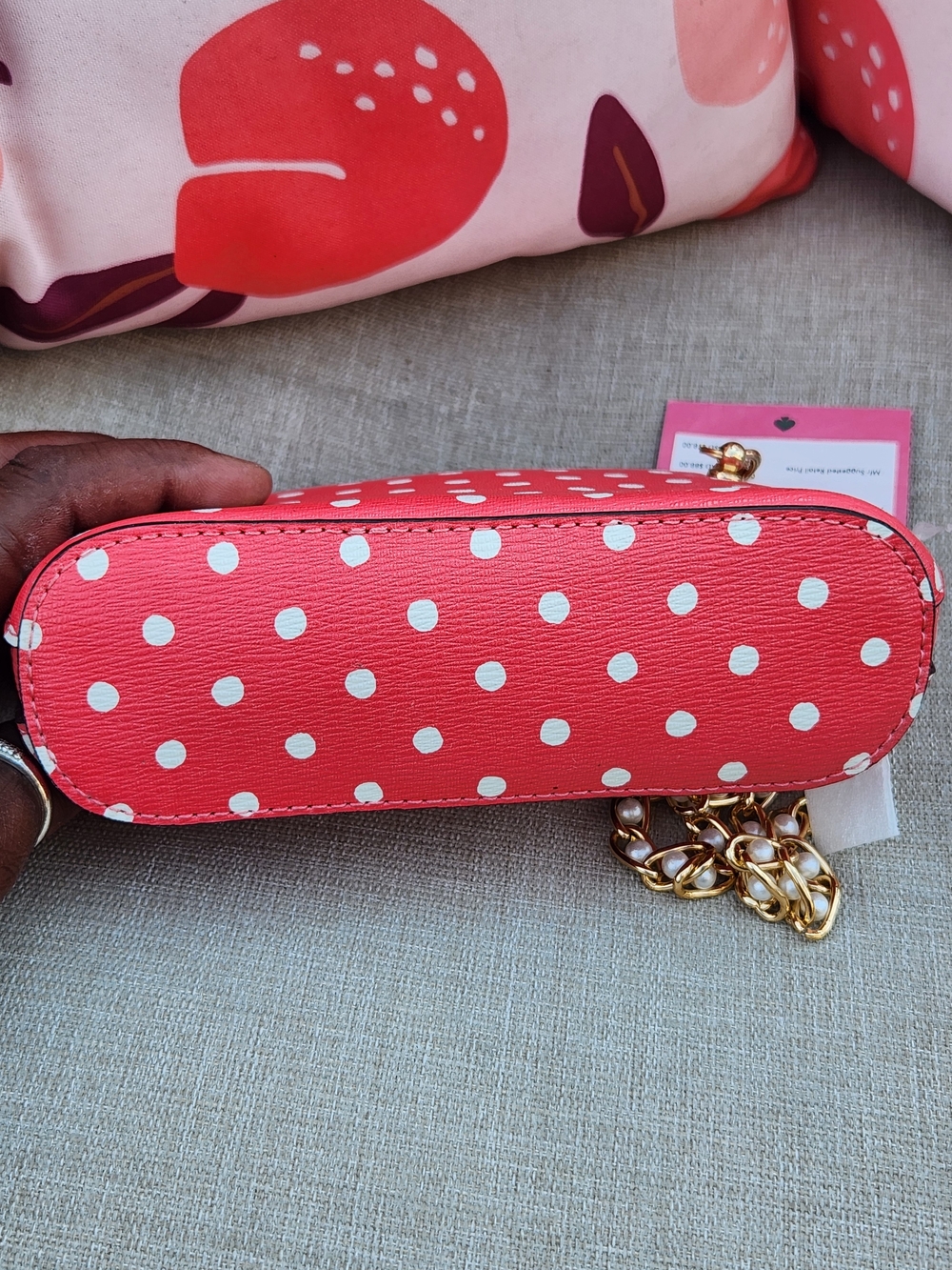 Kate Spade Coral & White Polka Dot Cosmetic Bag Upcycled Crossbody w. Chain NWT - Picture 7 of 16